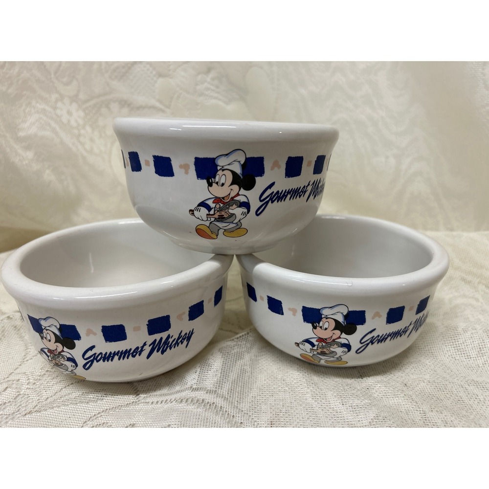 Set‎ 3 Gourmet Mickey Mouse Ramekin Bowls Ceramic Disney Kitchenware Vintage B1